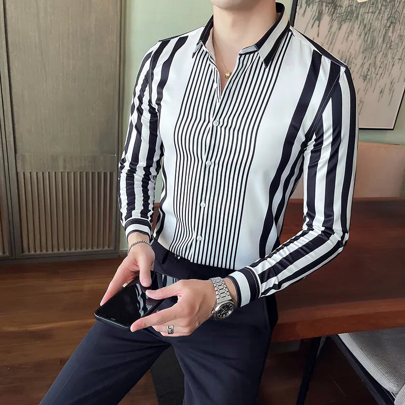 Striped Pointed Collar Long Sleeve Casual Shirt