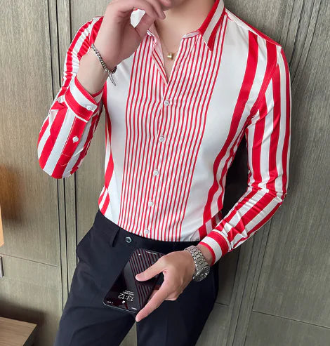 Striped Pointed Collar Long Sleeve Casual Shirt