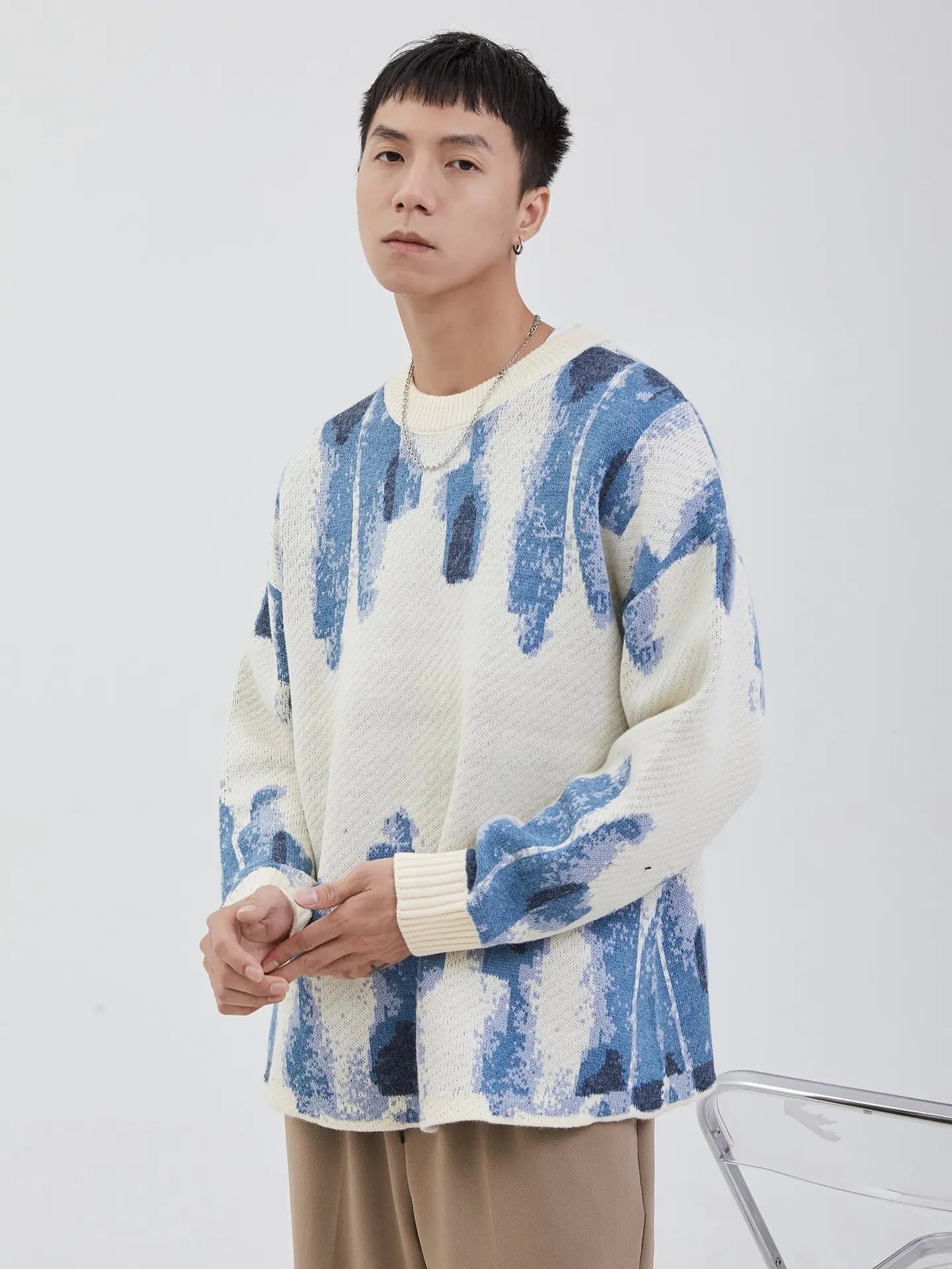 Blue Graffiti Watercolor Casual Knit Loose Sweater
