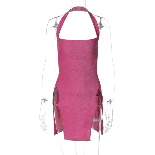 Vestido Tubo de Seda Luminosa con Escote Halter y Abertura para Mujer