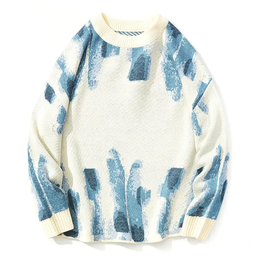 Blue Graffiti Watercolor Casual Knit Loose Sweater