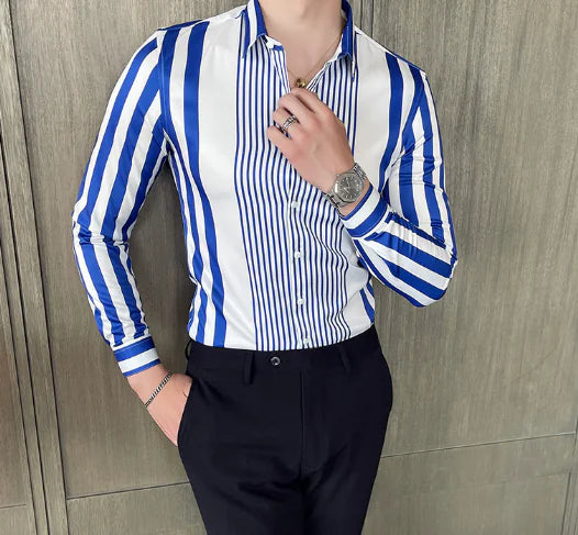 Striped Pointed Collar Long Sleeve Casual Shirt