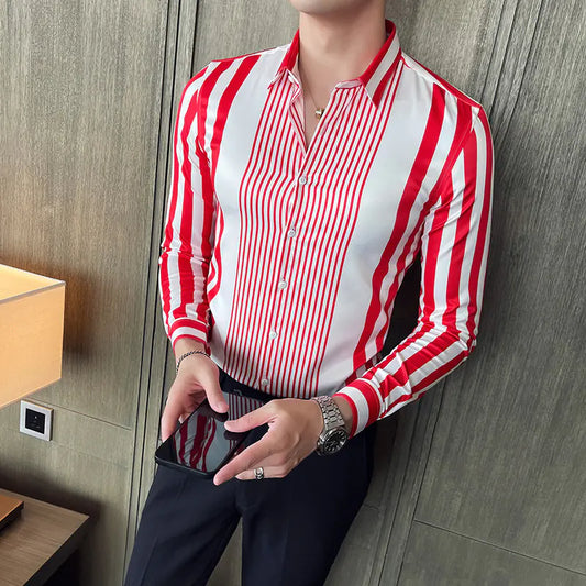 Striped Pointed Collar Long Sleeve Casual Shirt